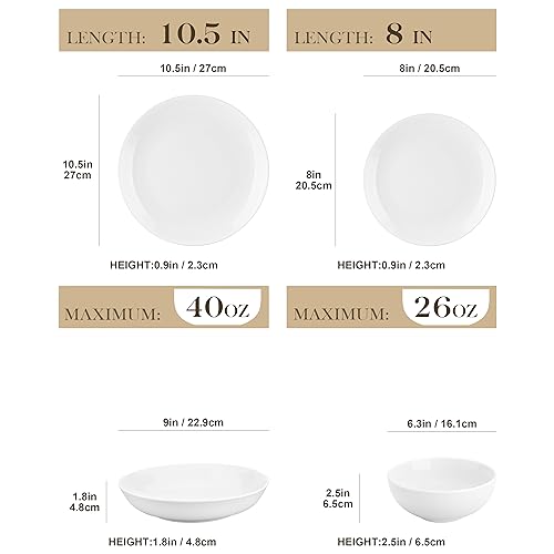 24-Piece Gourmet Porcelain Dinnerware Sets, Modern White Round Dish Set for 6 - Premium Serving Plates and Bowls Sets for