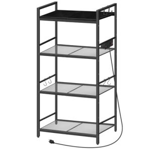 Bakers Rack with Power Outlet, Microwave Stand with Hooks, Multifunctional Storage Rack, Coffee Bar with Enclosure, Kitchen