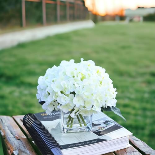 Artificial Hydrangea Silk Flowers Arrangements in Cube Glass Vase for Home Wedding