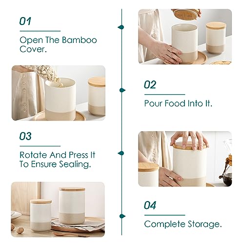Sabine Ceramic Canister Set with Airtight Wood Lids - 3-Piece Kitchen Storage for Flour, Sugar, Coffee, Tea & Spices - Modern