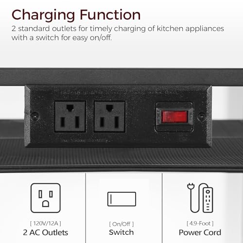 Bakers Rack with Power Outlet, Microwave Stand with Hooks, Multifunctional Storage Rack, Coffee Bar with Enclosure, Kitchen