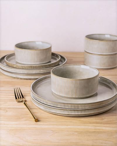 Stoneware Dinnerware Sets for 4,Round Reactive Glaze Ceramic Plates and Bowls Set,Highly Chip and Crack Resistant | Dishwasher &