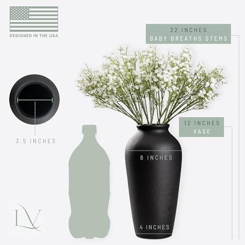 Laurel&Vine 12" Tall Black Ceramic Vase, Speckled Textured Minimalist, with 15 Stems of 22" Faux Artificial White Babys Breath,
