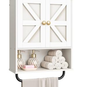 Bathroom Wall Cabinet, Medicine Cabinet with Open Partition and Towel Bar, Rustic Storage Cabinet with Open and Hidden Storage