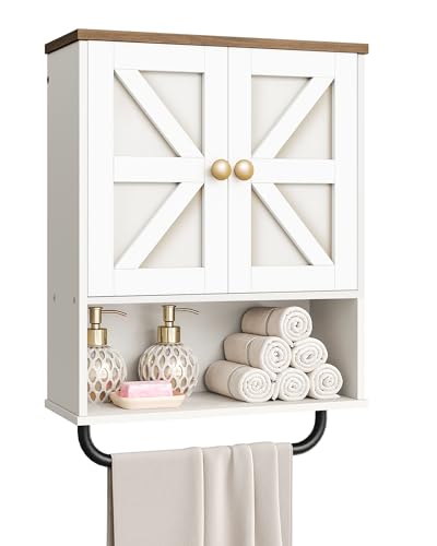 Bathroom Wall Cabinet, Medicine Cabinet with Open Partition and Towel Bar, Rustic Storage Cabinet with Open and Hidden Storage