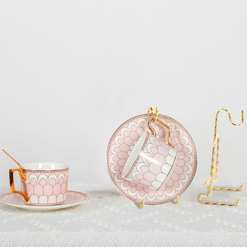 8-Piece Metal Cup & Saucer Display Stand - Gold Tea Cup & Saucer Holder, Spiral Style, 6.22 x 2.44 Inches