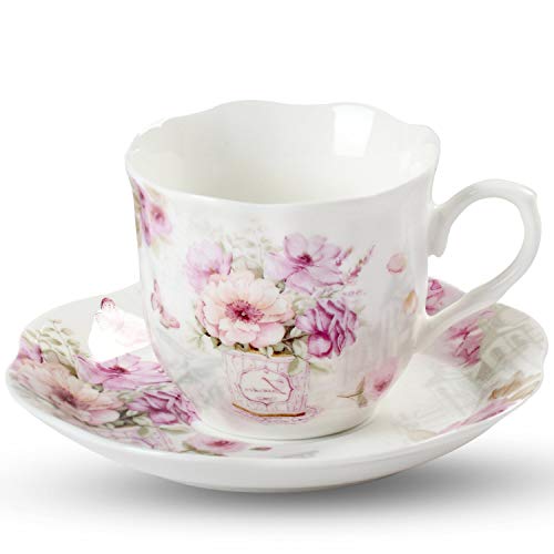 Elegant Tea Cups and Saucers Set of 6 – 7 oz Floral Porcelain Teacup Set for Women – Microwave & Dishwasher Safe – Ideal Gift