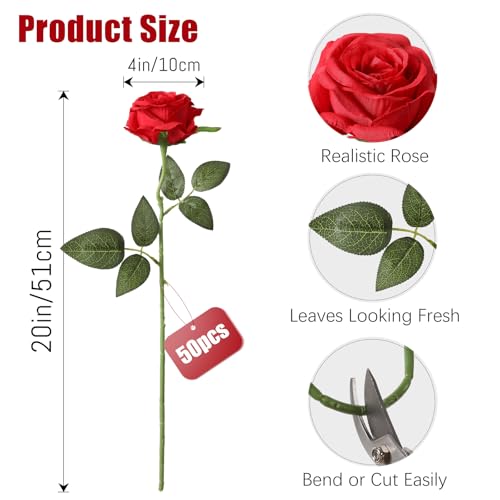 50pcs Red Roses in Bulk, Realistic Long Stem Fake Silk Roses Bouquet for Wedding Centerpiece Table Party Home Kitchen Decor
