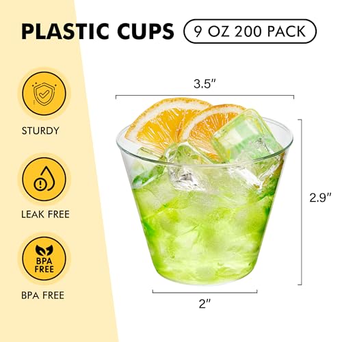200 Pack 9 oz Clear Plastic Cups for Party, Disposable Clear Cup, Disposable Cups, Wine Glasses Cups, Plastic Cocktail Glasses