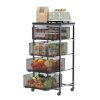 4-Tier Fruit Vegetable Storage Cart - Kitchen Organizer and Storage Cart with Wheels, Wooden Top Metal Wire Fruit Vegetable Rack