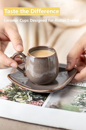 3oz Coffee Espresso Cups with Saucers Set of 6, Ceramic Small Coffee Cups with Holder and Spoons, Cute Demitasse Cups for