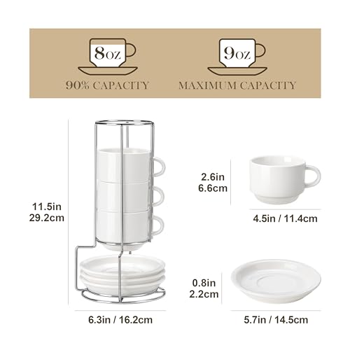 8 OZ Porcelain Espresso Cups with Saucers and Metal Stand Set of 4, Stackable Cappuccino Cups, White Expresso Shots Cup Set for