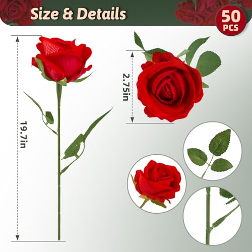 Red Roses Artificial Flowers 50 Pack in Bulk, Fake Roses Flowers Realistic Roses for Wedding Home Party Decoration Event Gift
