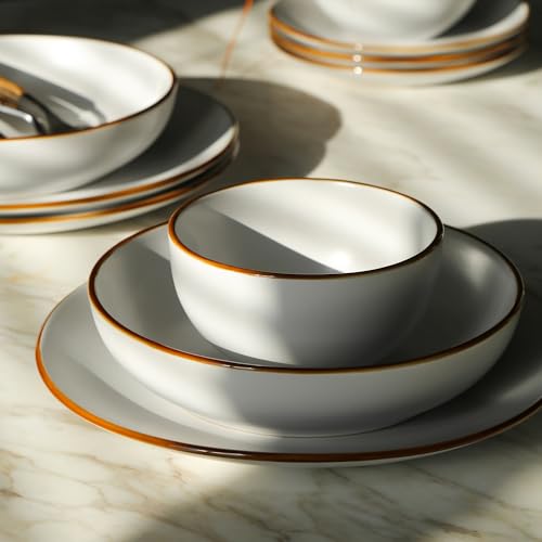 Brasa Modern Stoneware 16 Piece Dinnerware Sets, Plates and bowls Sets, Dish Set for 4, White