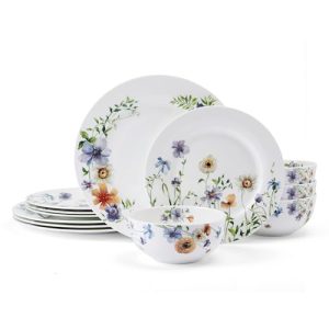 Audrina Water Color Flowers Bone China Lightweight Chip Resistant 12 Piece Dinnerware Set, Service for 4, White