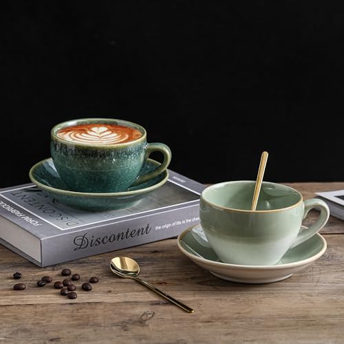 Porcelain Coffee Cup with Saucer Spoon, Vintage Design Ceramic Latte Art Cappuccino Barista Espresso Tea Cup with Saucer (11.6