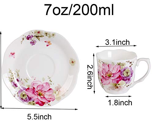 GY 12 PCS Tea Set - 7oz New Bone China tea Cups and Saucers with Pink Flower Pattern Porcelain Cups for Mocha Cappuccino Tea and