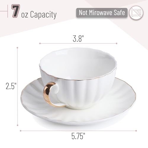 BTaT- White Tea Cups and Saucers Set of 12 (7 oz), Porcelain White Tea Cup Set of 12 with Golden Trim Design, Dishwasher Safe