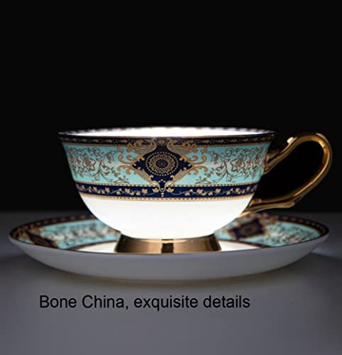 YBK Tech Euro Style Bone China Cup& Saucer Set, Ceramic Tea Coffee Cup for Home Kitchen Wedding (Royal Pattern- Sky Blue)