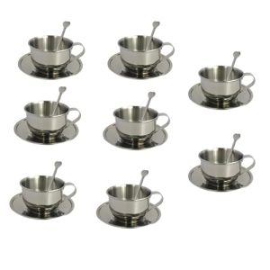 8 Packs Stainless Steel Coffee Cups 5.75 Oz Coffee Mugs with Spoon and Saucer Espresso Cups Cups Mugs for Coffee, Latte,Tea,