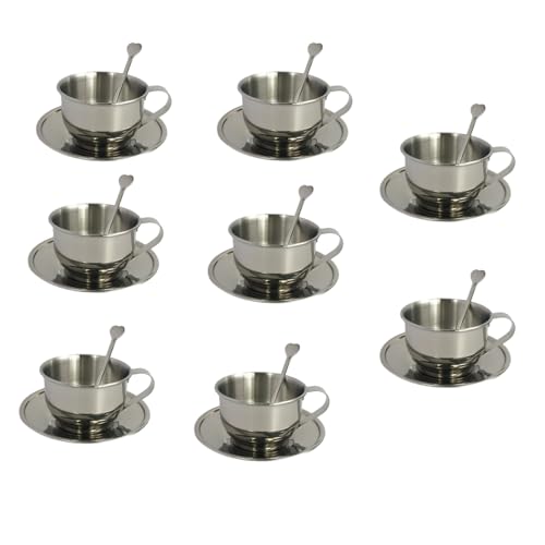 8 Packs Stainless Steel Coffee Cups 5.75 Oz Coffee Mugs with Spoon and Saucer Espresso Cups Cups Mugs for Coffee, Latte,Tea,