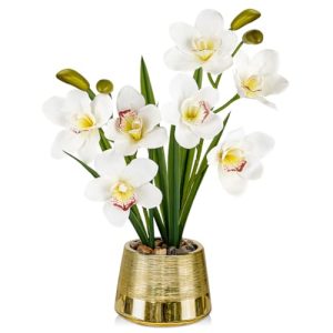 White Orchids Artificial Flowers Faux Silk Cymbidium Orchids in Gold Pot Fake White Orchid Flower Arrangements Orchid