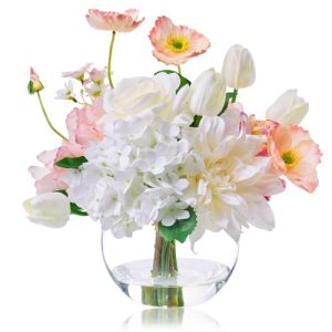 Artificial Flowers in Vase for Seasonal Decor, Mixed White Tulips & Pink Silk Fake Flowers Bouquet Arrangements in Glass Vase