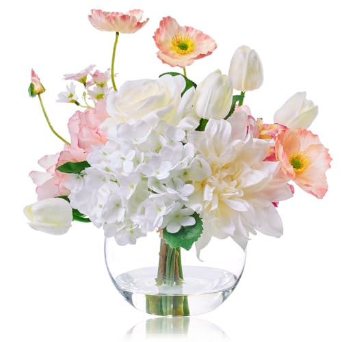 Artificial Flowers in Vase for Seasonal Decor, Mixed White Tulips & Pink Silk Fake Flowers Bouquet Arrangements in Glass Vase