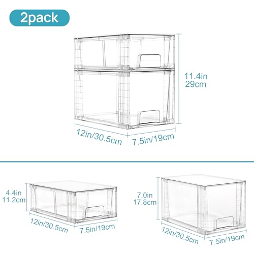 4 Pack Clear Stackable Storage Drawers,Easy to Assemble Bathroom Organizers and Storage with handles,Plastic Drawers for Kitchen