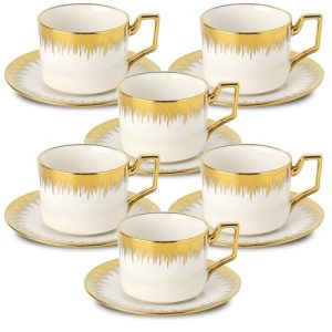 Cappuccino Cups with Saucers, 8.5 oz Stackable Ceramic Coffee Cup and Saucer with Gold Trim, Turkish Coffee Cups Set for Double