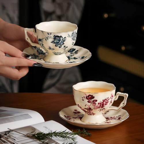 Tea Cups and Saucers Set of 2, Porcelain Coffee Cups, 6.8-Ounce Stackable Espresso Mugs, Ceramic Demitasse for Coffee, Latte,
