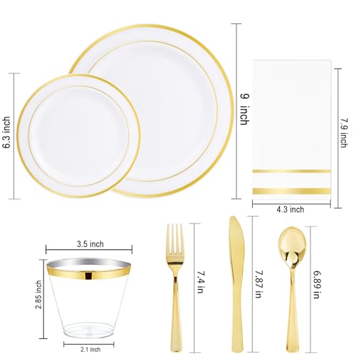 700PCS Gold Plastic Plates - Gold Disposable Dinnerware Set for 100 - Include 200 Dinner/Dessert Plates,300
