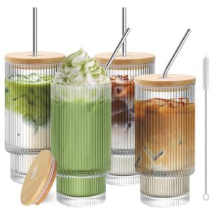 Iced Coffee Cups with Lids 4 Pcs - 16 OZ Glass Cups with Lids and Straws, Reusable Ice Coffee Tumbler, Clear Ribbed Drinking