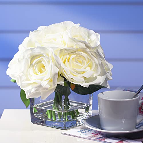 Rose Artificial Flowers in Vase, Fake Flowers Arrangements in Vase with Faux Water for Wedding, Dining Table (Cream)
