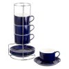 8 Ounce Porcelain Cappuccino Cups with Saucers and Silver Stand, Navy Cups Set of 4