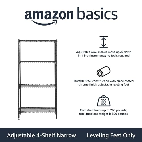 4-Shelf Steel Wire Storage Rack, Adjustable, Sturdy, Easy Assembly, 13.4 D x 23.2 W x 48 H in, Black