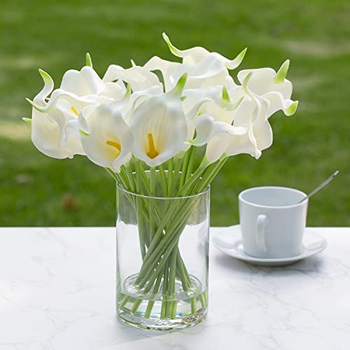 20 Pieces Artificial Real Touch Lilies Flower Arrangement in Glass Vase with Faux Water for Home Decoration (White)