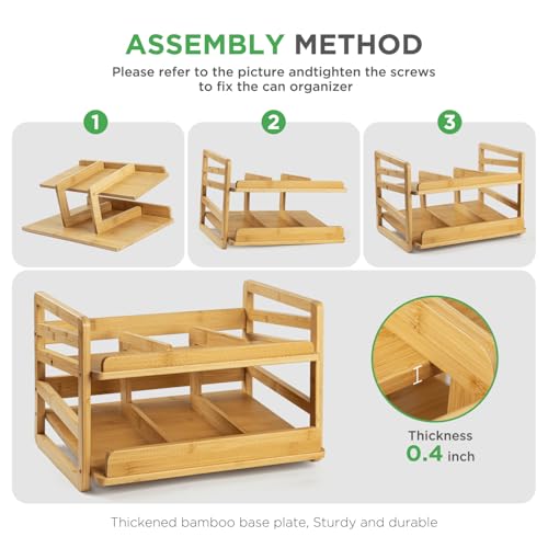 Bamboo Rolling Can Organizer Rack, Stackable 2 Tier Canned Food Organizer Rack for Storage, Kitchen Cabinet, Can Holders