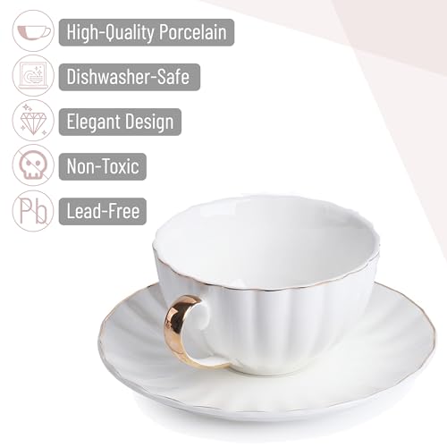BTaT- White Tea Cups and Saucers Set of 12 (7 oz), Porcelain White Tea Cup Set of 12 with Golden Trim Design, Dishwasher Safe