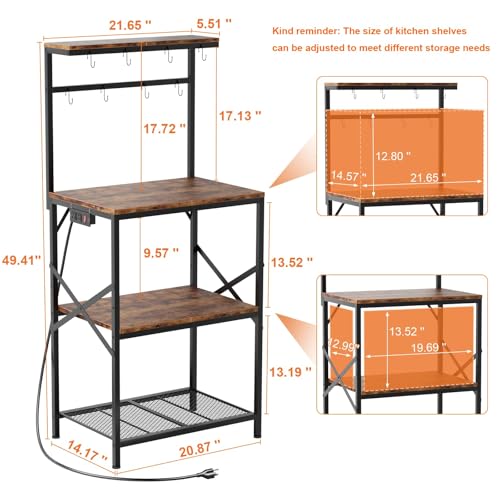 Kitchen Bakers Rack with Power Outlet, Small Coffee Bar Cart 4 Tiers, Microwave Stand Station with 8 S Hooks, Adjustable Shelf,