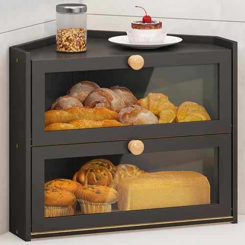 Black Corner Bread Box for Kitchen Countertop, Large Bread Container Storage Bamboo Wooden Farmhouse Bread Box with Window Bread