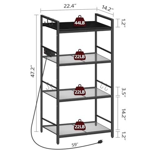 Bakers Rack with Power Outlet, Microwave Stand with Hooks, Multifunctional Storage Rack, Coffee Bar with Enclosure, Kitchen