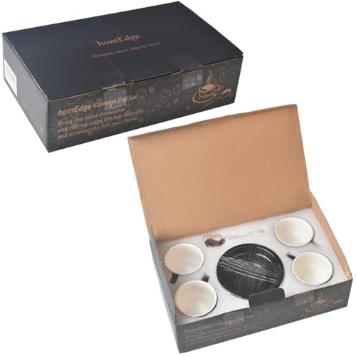 Premium Espresso Shot Cups and Saucers Set with Espresso Stainless Steel Spoons - 2.5 oz, Set of 4, Black