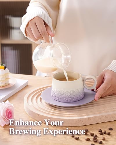 7.3 Ounce Cappuccino Cups Set of 2, Artistic Embossed Ceramic Cappuccino Mugs and Saucers, Double Espresso Cups Set of 4 for Au