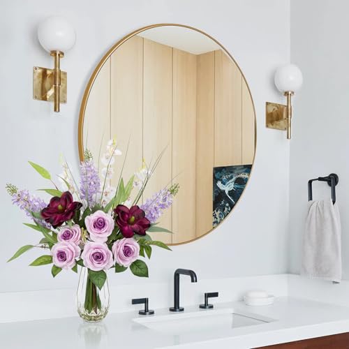 Large Artificial Flowers Floral Arrangement, Mixed Purple Rose, Lilacs, White Orchids Potted Fake Silk Flowers in Clear Vase