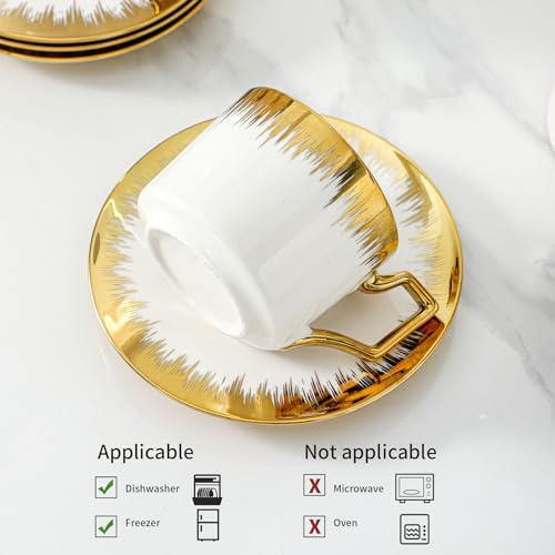 Cappuccino Cups with Saucers, 8.5 oz Stackable Ceramic Coffee Cup and Saucer with Gold Trim, Turkish Coffee Cups Set for Double