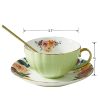 Set of 2 Tea Cup and Saucers, 8 Oz Floral Tea Cups with Gold Trim and Spoon, Porcelain British Coffee Cups, Cappuccino Espresso