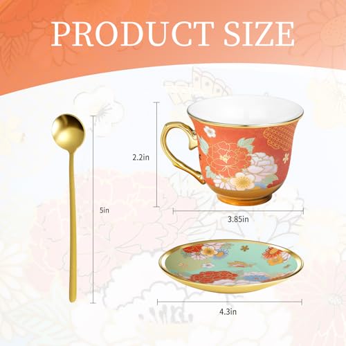 8 Set Tea Cups and Saucers, 8 OZ Floral Porcelain Cup and Saucers Set for Latte Cappuccino Espresso Mocha Afternoon Tea Birthday