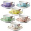 BTaT- Floral Tea Cups and Saucers Set of 6 (7 oz), Porcelain Tea Cups Set of 6, Pastel Bloom Design with Gold Trim, Dishwasher &