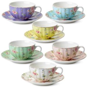 BTaT- Floral Tea Cups and Saucers Set of 6 (7 oz), Porcelain Tea Cups Set of 6, Pastel Bloom Design with Gold Trim, Dishwasher &